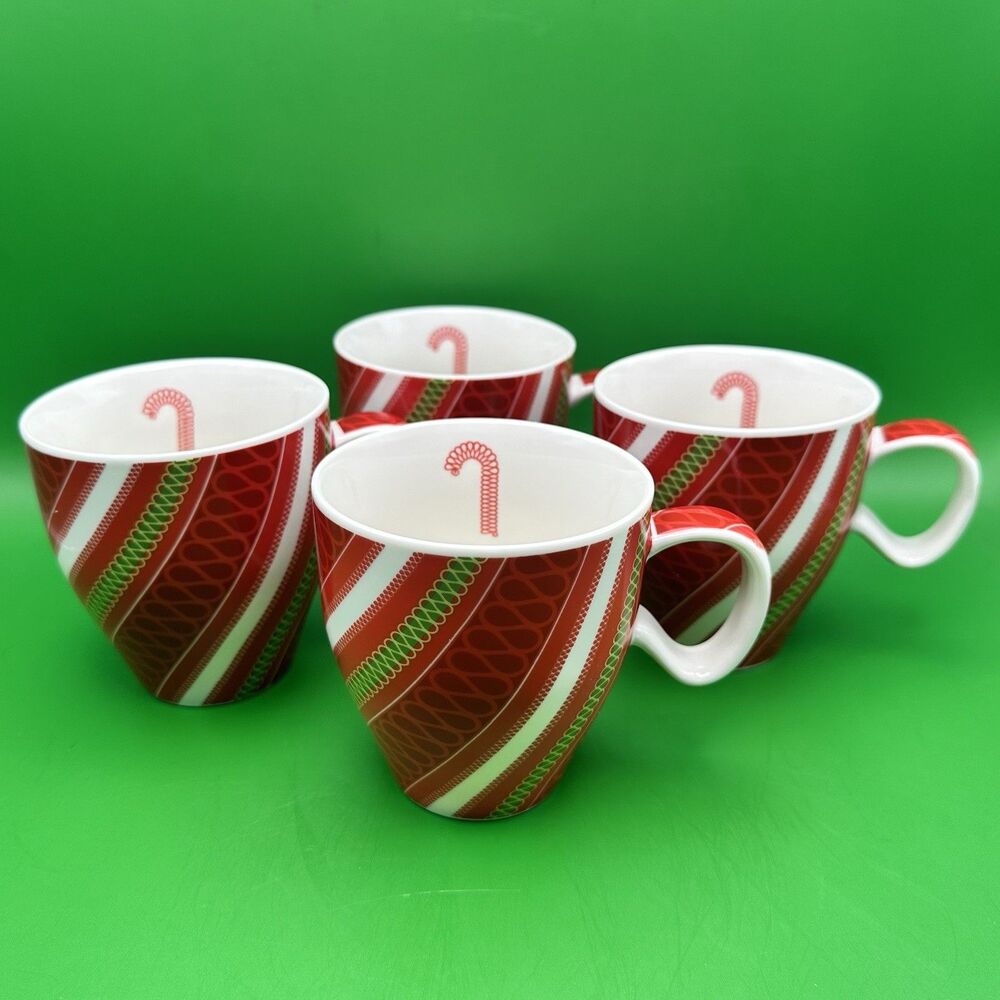 Starbucks 2005 Christmas Holiday Mug Set of 4 Ribbon Candy Cane Red Green 12oz